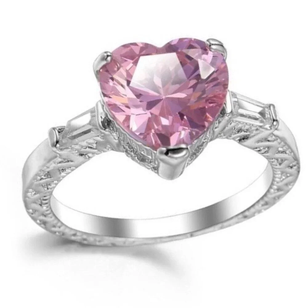 Pink Zircon Heart Sterling Silver Plated Ring size 9